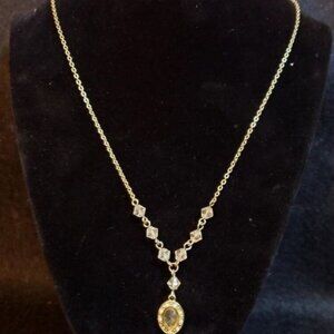 Avon Gold-Tone Necklace with Double Oval Crystal Pendant &amp; Beaded Chain